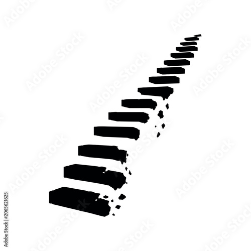 Black silhouette of ascending staircase with crumbling edges on white background