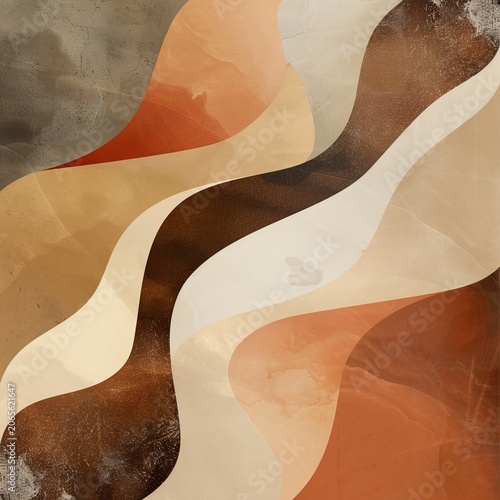 Abstract flowing organic shapes in warm earthy tones of brown, beige, and rust creating a calm and natural composition