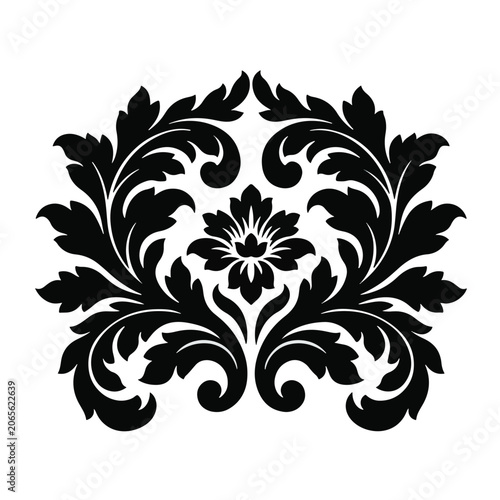 Ornate black damask floral ornament with symmetrical acanthus leaves and central flower blossom on white background design illustration
