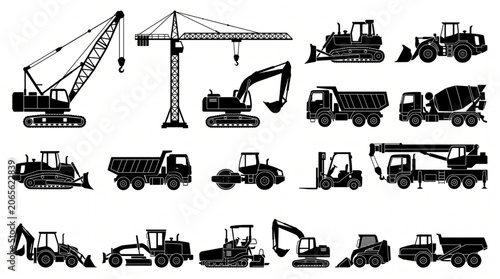 Construction Machinery Silhouette Collection Vector Set of Heavy Equipment and Industrial Vehicles