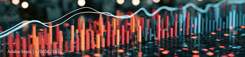 Abstract financial data visualization with glowing bars and line graphs