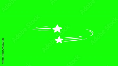 2D cartoon animation of two white stars flying fast with speed trails in curved path. Concept of quick movement, impact, dizziness, dynamic dash or astronomical spark