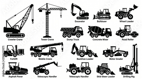 Infrastructure Development Equipment Silhouette Set for Industrial and Engineering Concepts