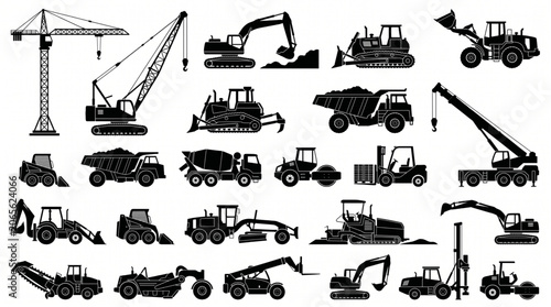 Construction Machinery Icons Collection with Excavator Loader Crane and Transport Vehicles