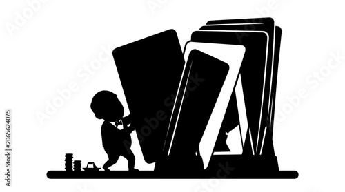 Person pushing large books stack.