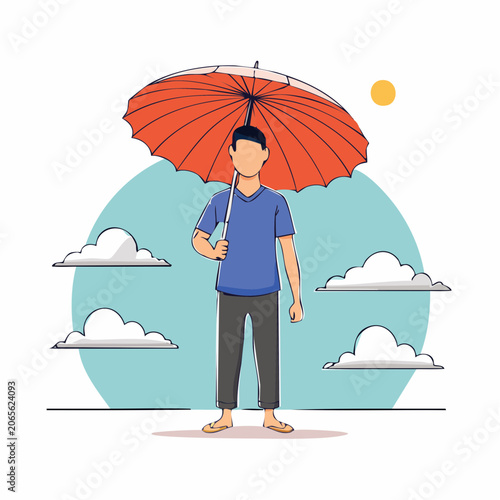 Man Holding Umbrella Under Clouds and Sun
