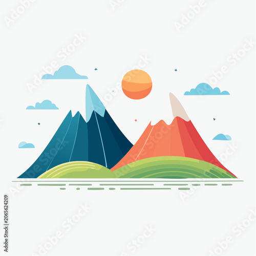 Stylized Mountain Landscape with Sun and Clouds