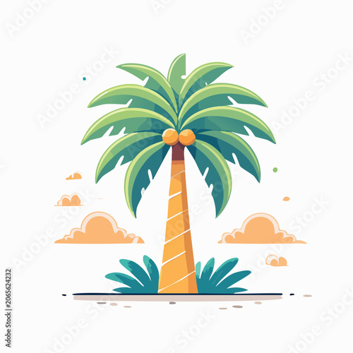 Stylized Palm Tree with Coconuts and Clouds
