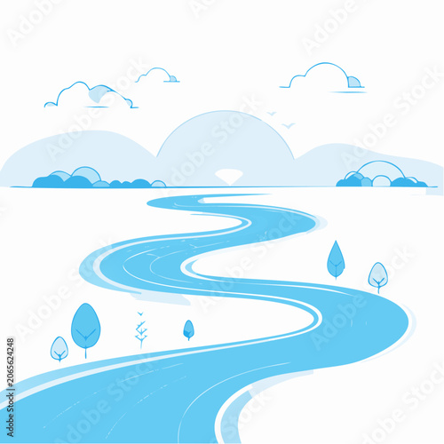 Stylized Winding River Landscape with Clouds and Mountains