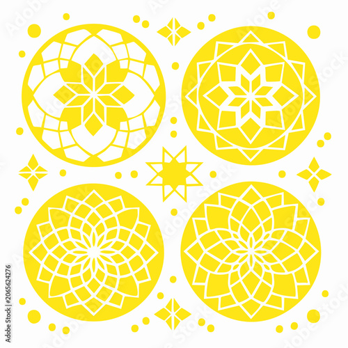 Yellow Geometric Mandala Designs with Stars and Dots