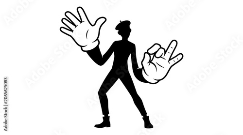 Person with oversized cartoon hands gesturing.