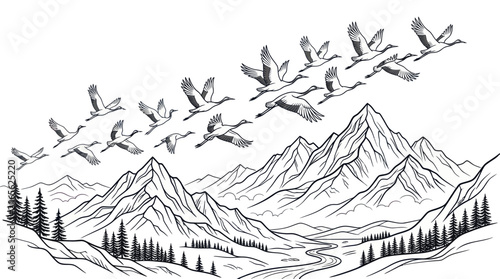 Tableau sur toile Flock of migrating birds flying over majestic mountain range