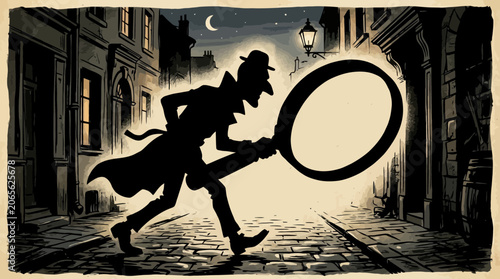 Silhouette of detective with magnifying glass.