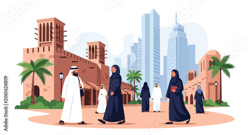 People in traditional Arab clothing walking through a historic town square with wind towers and modern skyscrapers behind.