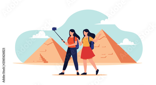 Two friends with backpacks taking a selfie with a smartphone in front of the great Egyptian pyramids under blue sky.