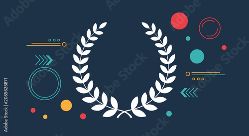 White laurel wreath symbol of victory and excellence surrounded by colorful abstract geometric shapes on dark background.
