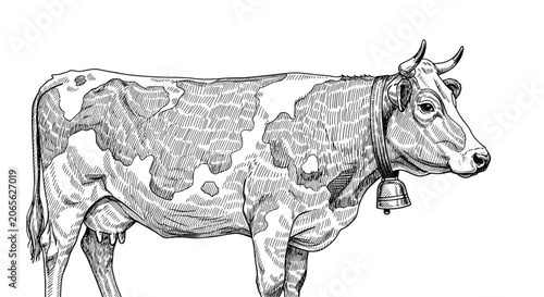 Detailed black and white engraving style illustration of a dairy cow wearing a traditional cowbell on its neck.