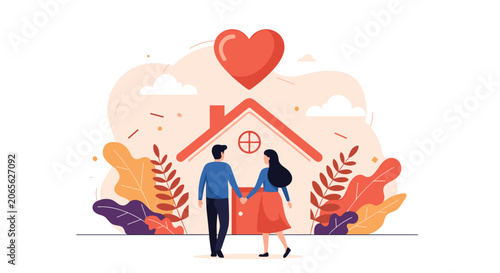 Happy couple holding hands and walking toward their new home with a large red heart symbolising love and family life.