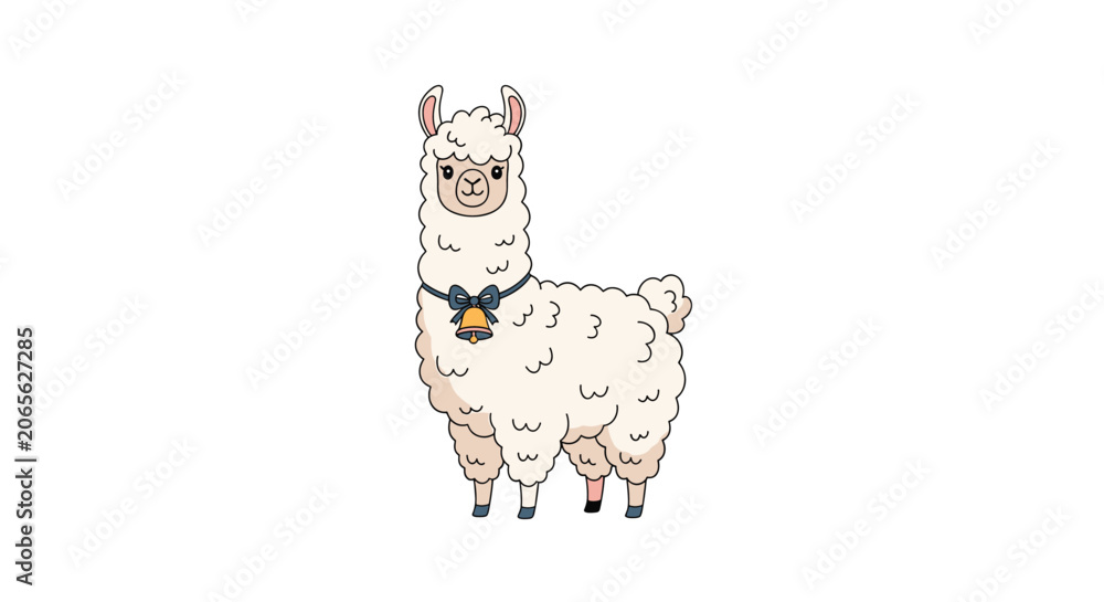 Fototapeta premium Adorable white fluffy llama character wearing a bell on its neck with a cute and friendly animal illustration style.