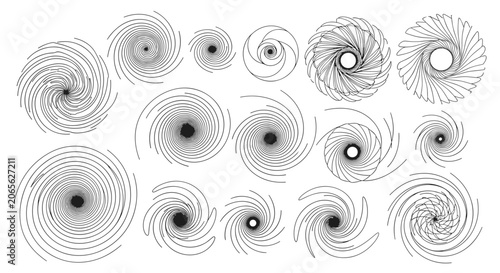 Various circular spiral and vortex designs in black and white line art representing motion energy and abstract concepts.