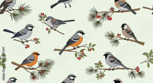 Seamless pattern of various songbirds perched on pine and berry branches for winter nature and textile design themes.