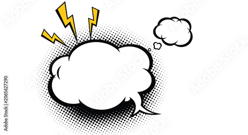 Blank comic book style speech bubble with lightning bolts and thought cloud for creative graphic design projects.