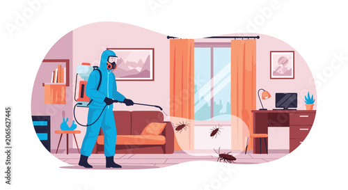 Professional pest control worker in a hazmat suit spraying a house interior to eliminate cockroaches and insects.