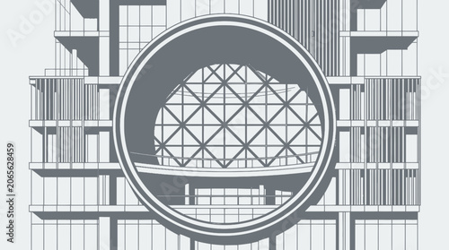 Foto Geometric building design with circular window and architectural lines