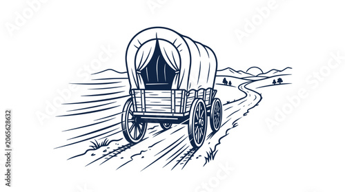 Photos Pioneer covered wagon traveling across an open landscape at sunrise
