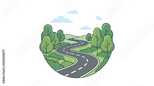 Foto Winding highway through lush green forest hills in circular frame