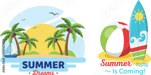 Photography Summer beach vacation paradise with palm trees surfboard beach ball tropical vec