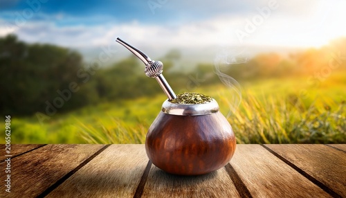 calabash with mate tea and metallic bombilla on wooden table outdoor abstract natural background healthy infused drink classic yerba mate tea in gourd pot popular in latin america brazil