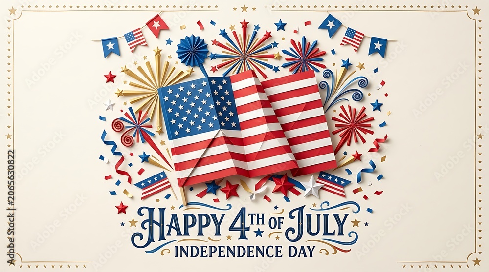 Obraz premium Festive Patriotic Celebration Concept Featuring Ornate American Flag Motifs and Exploding Fireworks Display for National Holiday Commemoration