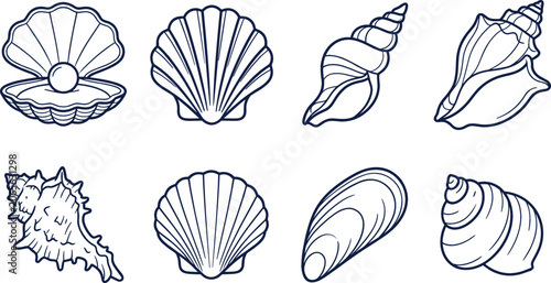 Seashell outline vector illustration collection featuring navy blue line art of scallop conch mussel oyster and pearl shapes isolated on white