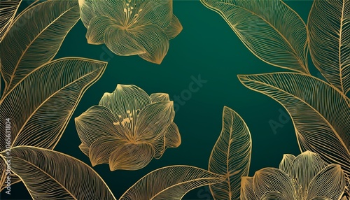 luxury hand drawn botanical leaves line art background elegant golden flowers on a green background leaves and tropical foliage with flowers design for wedding invitation cover print decoration