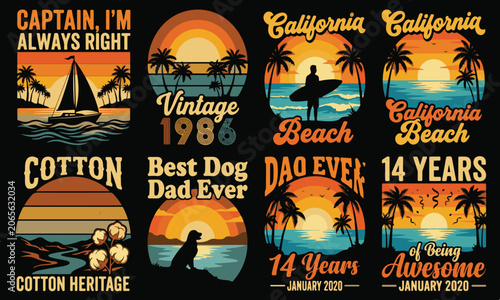 California beach surf and sailing vintage sunset badge collection with palm trees and coastal scenery for summer tourism travel tshirt art.