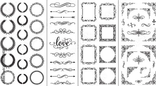 Elegant collection of decorative frames wreaths and ornamental dividers for graphic design vintage flourishes elements.