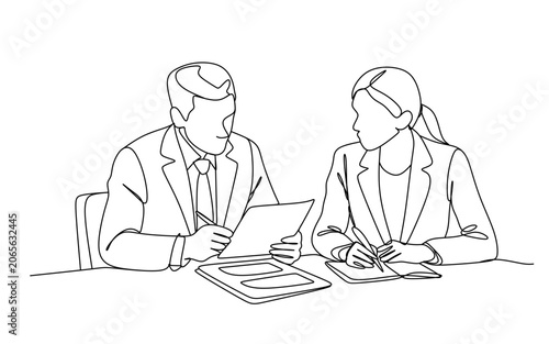 continuous single line drawing of businessman and businesswoman discussing documents  business meeting line art vector illustration