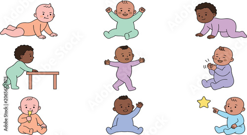 Foto Cute Baby Activity Character Set Featuring Adorable Infants Crawling, Sitting, P