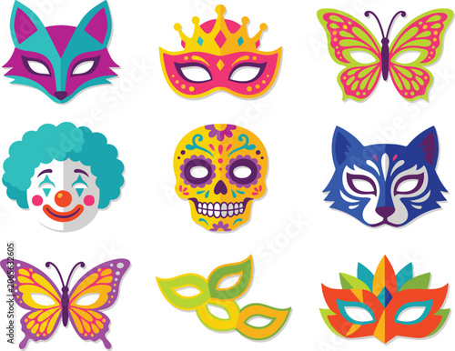 Set of colorful masquerade masks collection for festival party celebration events featuring carnival animal butterfly clown and skull designs.