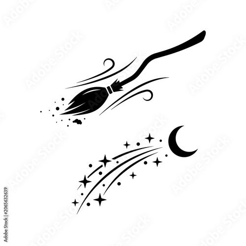 Vászonkép Magical broomstick silhouette and starry shooting moon icon set with broomstick