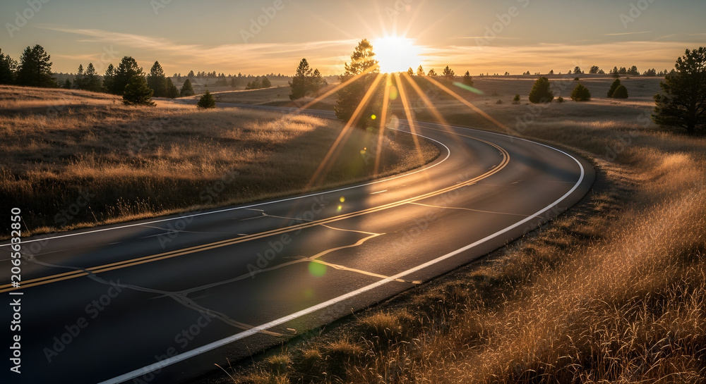 Fototapeta premium Winding asphalt road through dry grassy hills at sunset. Empty curved highway with bright sun rays and starburst. Scenic travel landscape