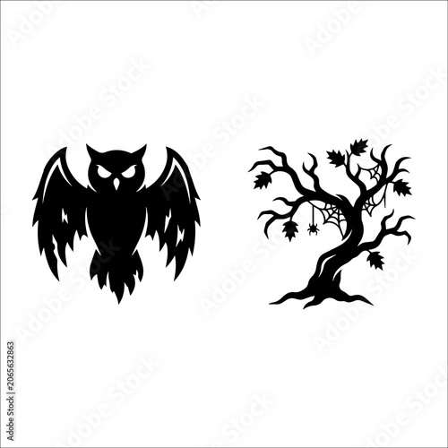 Halloween spooky owl and barren dead tree silhouette set with halloween