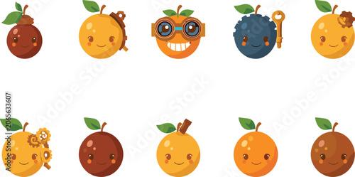 Bild auf Leinwand Cute steampunk fruit cartoon character emoji set with orange blueberry wearing