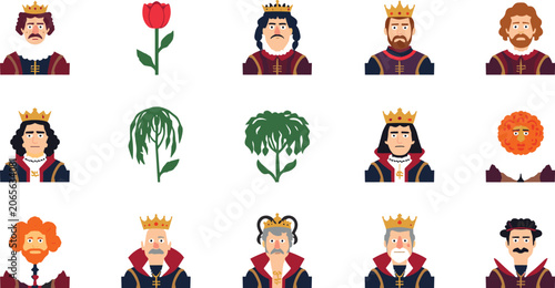 Obraz na płótnie Medieval king cartoon avatar icon set with royal monarchs wearing golden crowns
