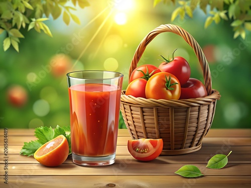 Fresh tomato juice with tomatoes in a basket