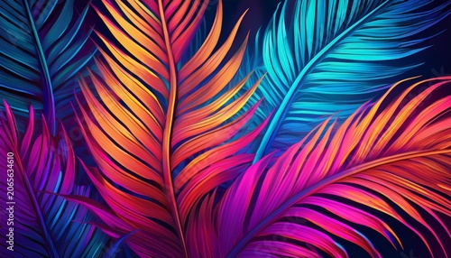 palm tree leaves neon tropical background