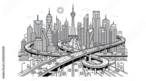 Bilde på lerret Urban skyline with complex highway overpasses and busy traffic