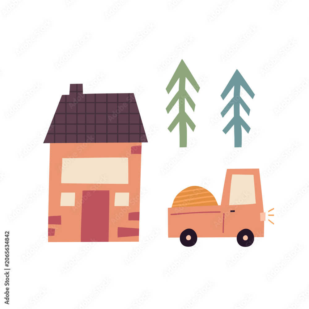 Obraz premium Cute set with cozy house truck and pine trees vector illustration. Perfect for town map creation, children educational stickers, posters, and play mats.