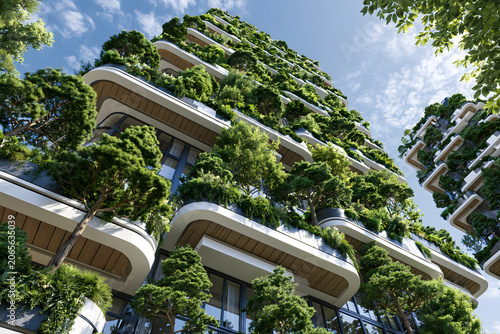 Modern eco friendly residential building with green vertical gardens on balconies
